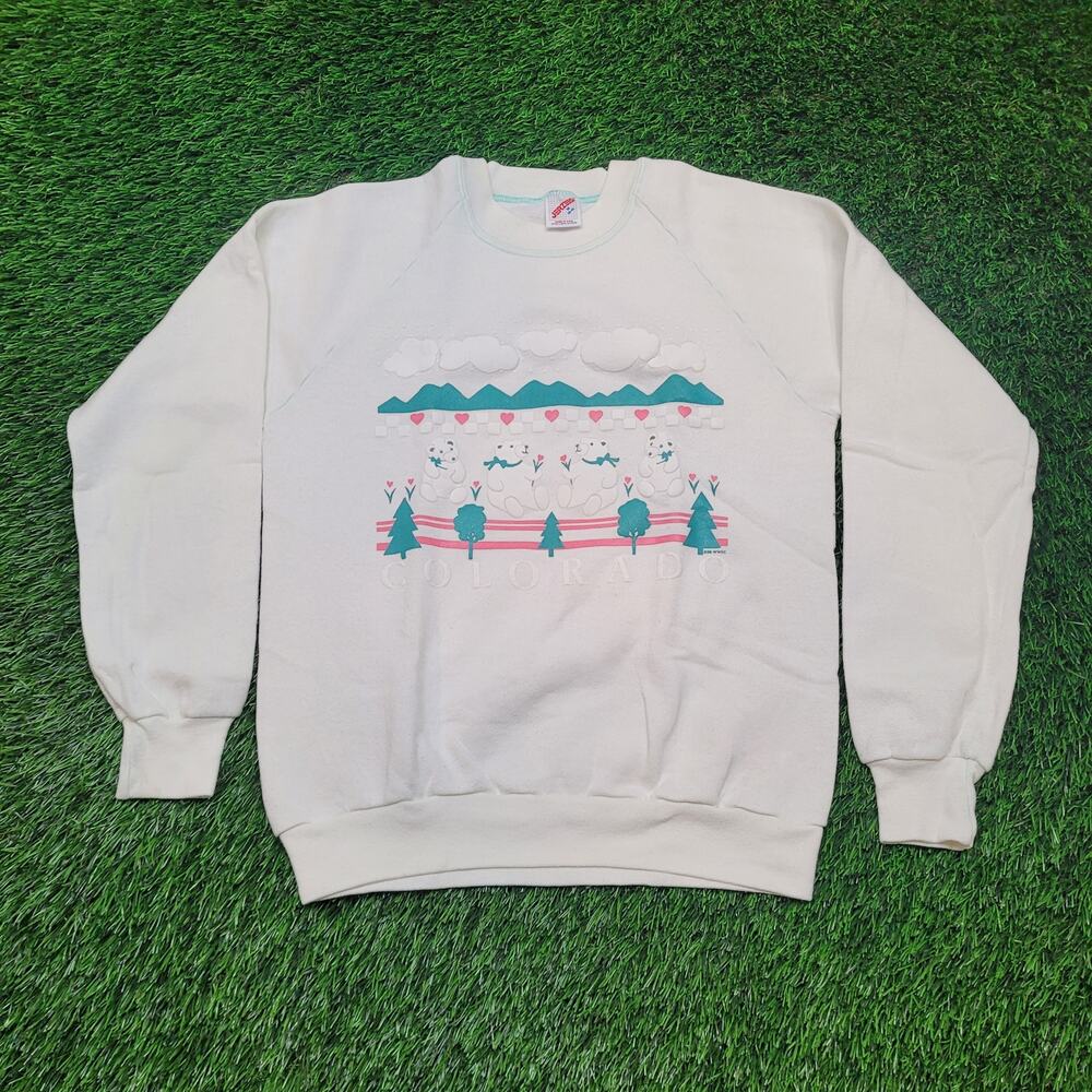 VTG 80s Jerzees Colorado Teddy Bear Sweatshirt Unisex S Puff Print USA